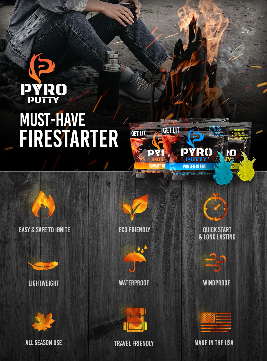 Phone Skope PYRO Putty Winter, Summer, Eco Blend, Emergency Survival Fire Starter (2 oz - One Can, Ultra-LITE 30°F - 100°F)