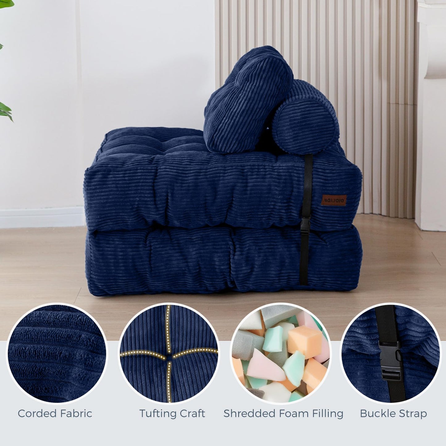 MAXYOYO Folding Sofa Bed, Convertible Chair with Pillow Foldable with Back Support, Portable Fold Out Chair Bed Comfy Floor Sofa Lounge for Living Room Bedroom, Navy, Single