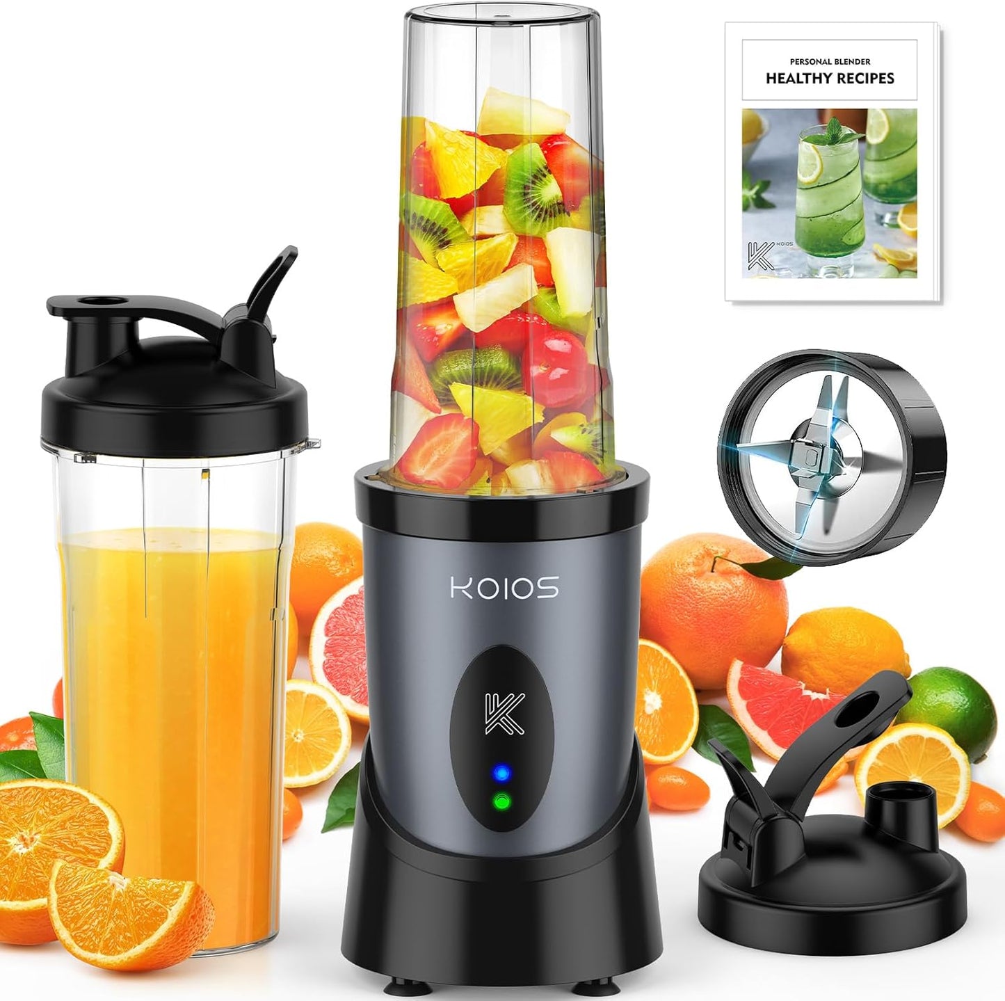 KOIOS Smoothie Blender - 900W Personal Blender for Shakes & Smoothies | Includes 2 Portable 22oz Cups, Grey Blue