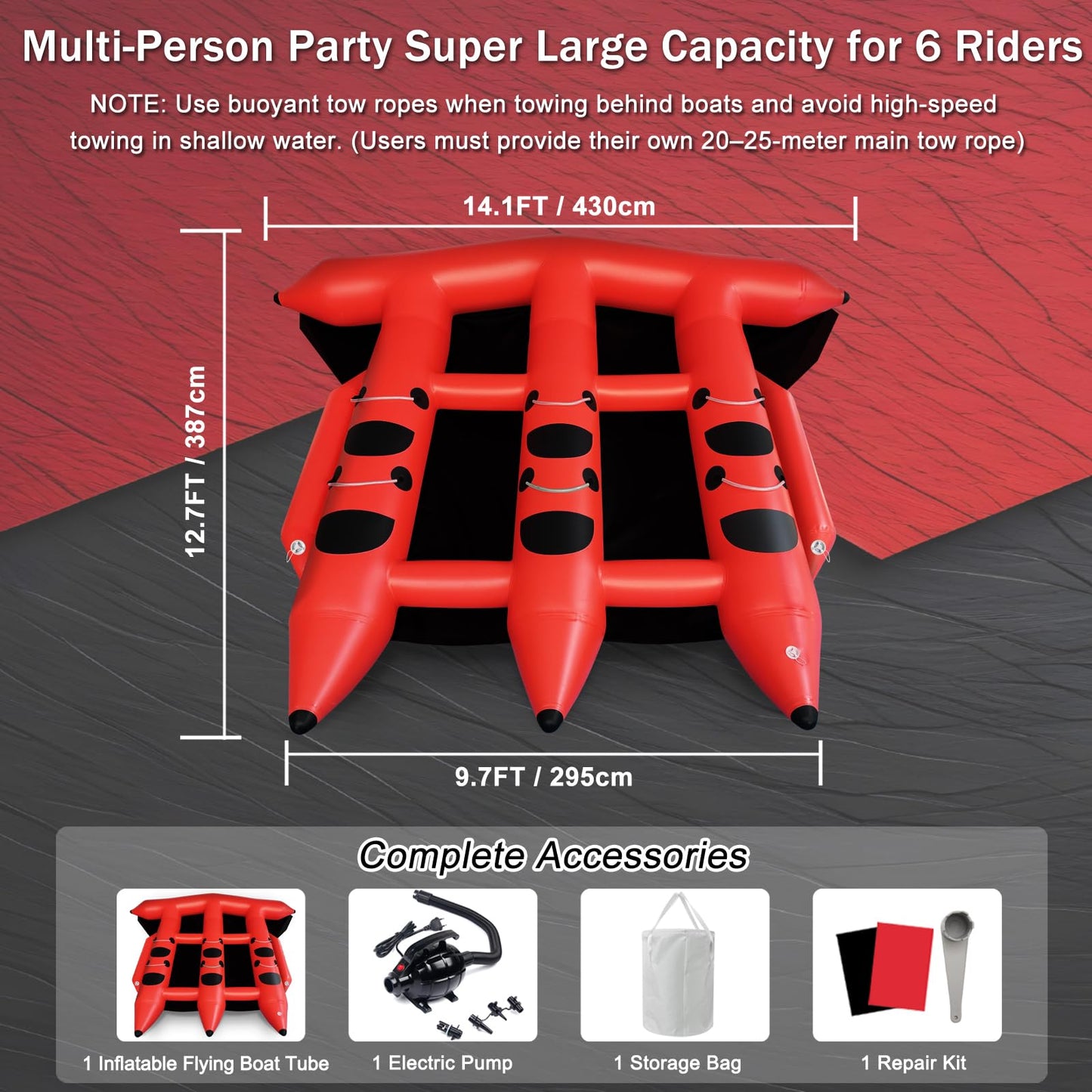 GYUEM Inflatable Towable Tubes for Boating, 2-6 Riders Flying Boat Tube for Seaside, Lake, Water Park for Water Sports - with Electric Pump, Grab Handles, Tow Points, Speed Safety Valve