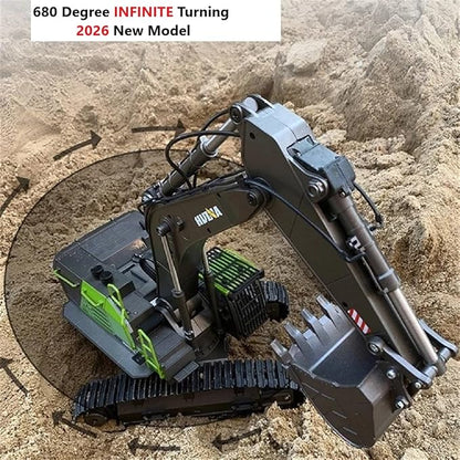 RC Excavator for Adults Huina 1593 Fully Functional 1:14 Toy 28 Channel Remote Control Truck Construction Vehicle Metal Bucket LED Lights Simulating Sounds 2 Batteries and Gripper 2026 Model