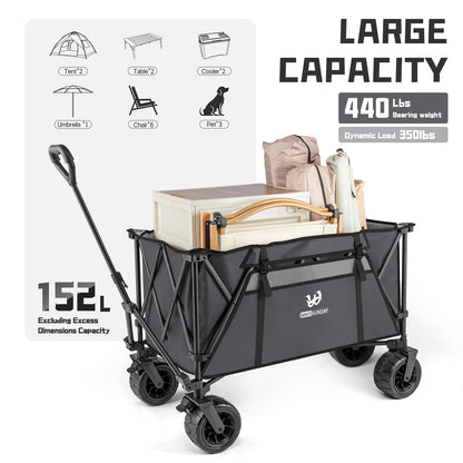 Whitsunday Heavy Duty Collapsible Wagon Cart,440Lbs Folding Outdoor All Terrian Wheel Utility Camping Park Wagon Cart with Table Grey