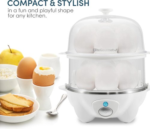 Elite Gourmet 2-Tiered Egg Cooker - Poach 5 Eggs & Make Omelets | Auto Shut-Off, BPA Free, White