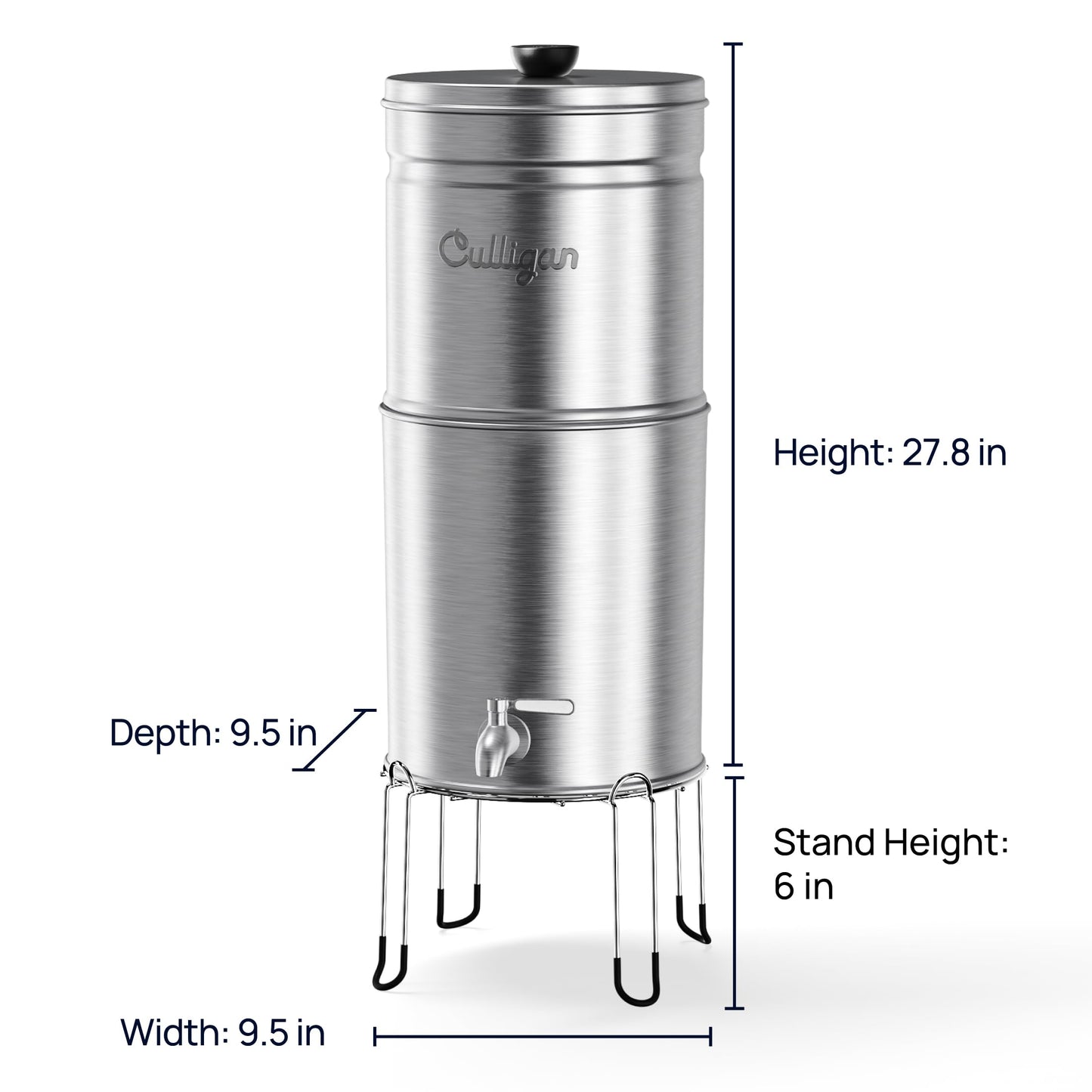 Culligan MaxClear 3 Gallon Gravity Water Filter System, Brushed Stainless-Steel Countertop Water Filter NSF/ANSI Certified to Reduce Microplastics, Lead & Total PFAS, with 3 Ceramic Filters