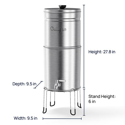 Culligan MaxClear 3 Gallon Gravity Water Filter System, Brushed Stainless-Steel Countertop Water Filter NSF/ANSI Certified to Reduce Microplastics, Lead & Total PFAS, with 3 Ceramic Filters