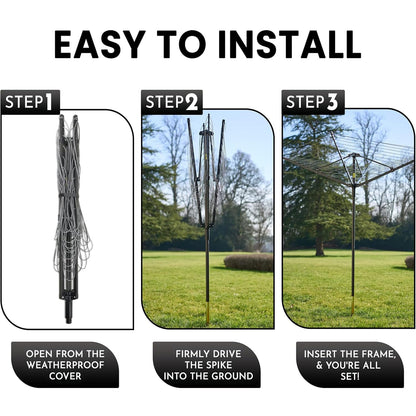 Outdoor Umbrella Clothesline, 165 Feet Heavy Duty Rotary Dryer with 12 Lines & 4 Arms, Adjustable Height Foldable Retractable Collapsible Metal Drying Rack for Backyard, Patio, Garden