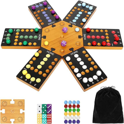 Marble Board Game Wooden Board Game for 4 and 6 Players Portable Original Marble Game with 24 Marbles 12 Dice for Family Friends Party Game Night Black