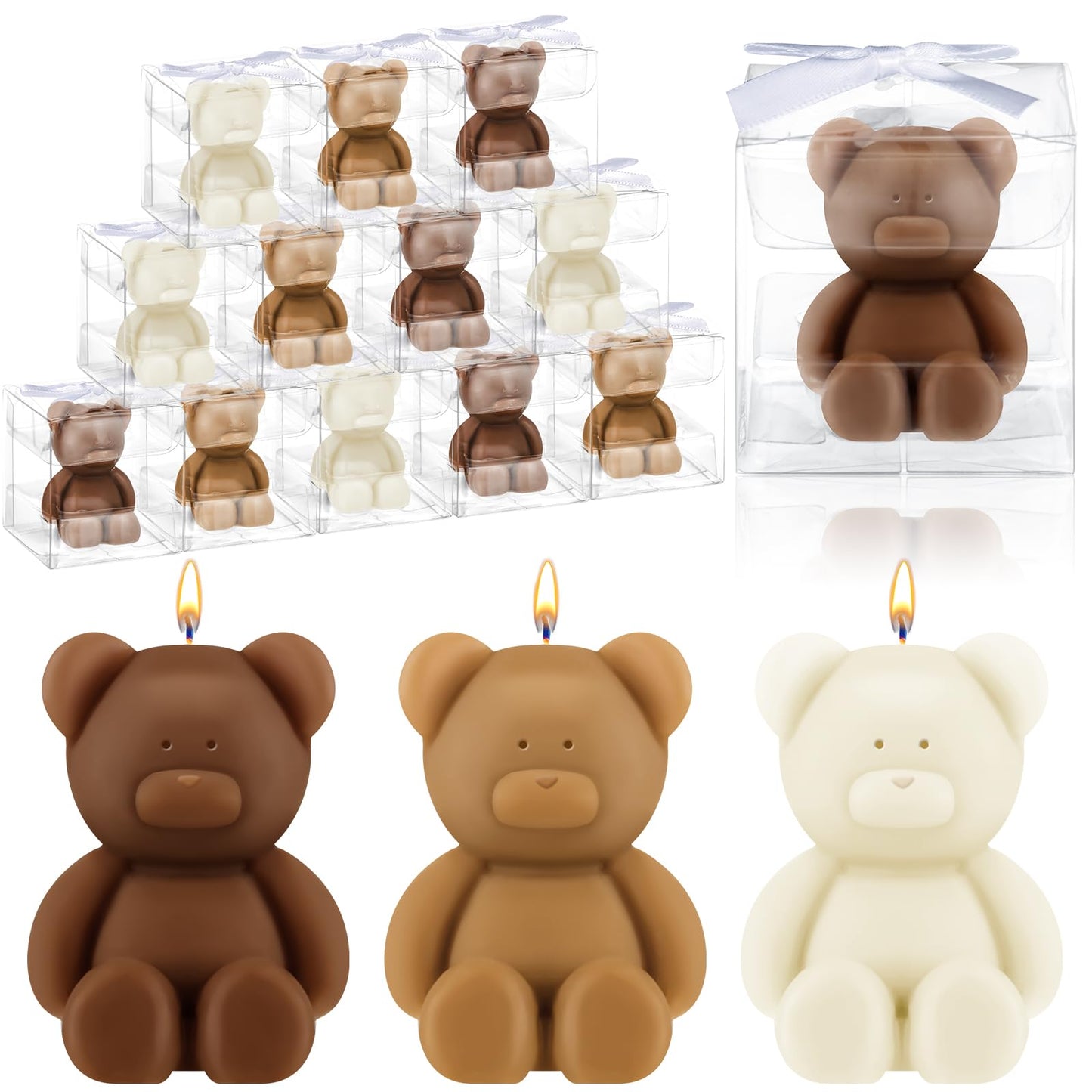 Hoolerry 60 Pcs Baby Shower Favors Mini Bear Candles Party Favors with Boxes Handmade Bear Shaped Candles Bulk for Baby Shower Boys Girls Wedding Gender Reveal Party Guest (White,Brown)