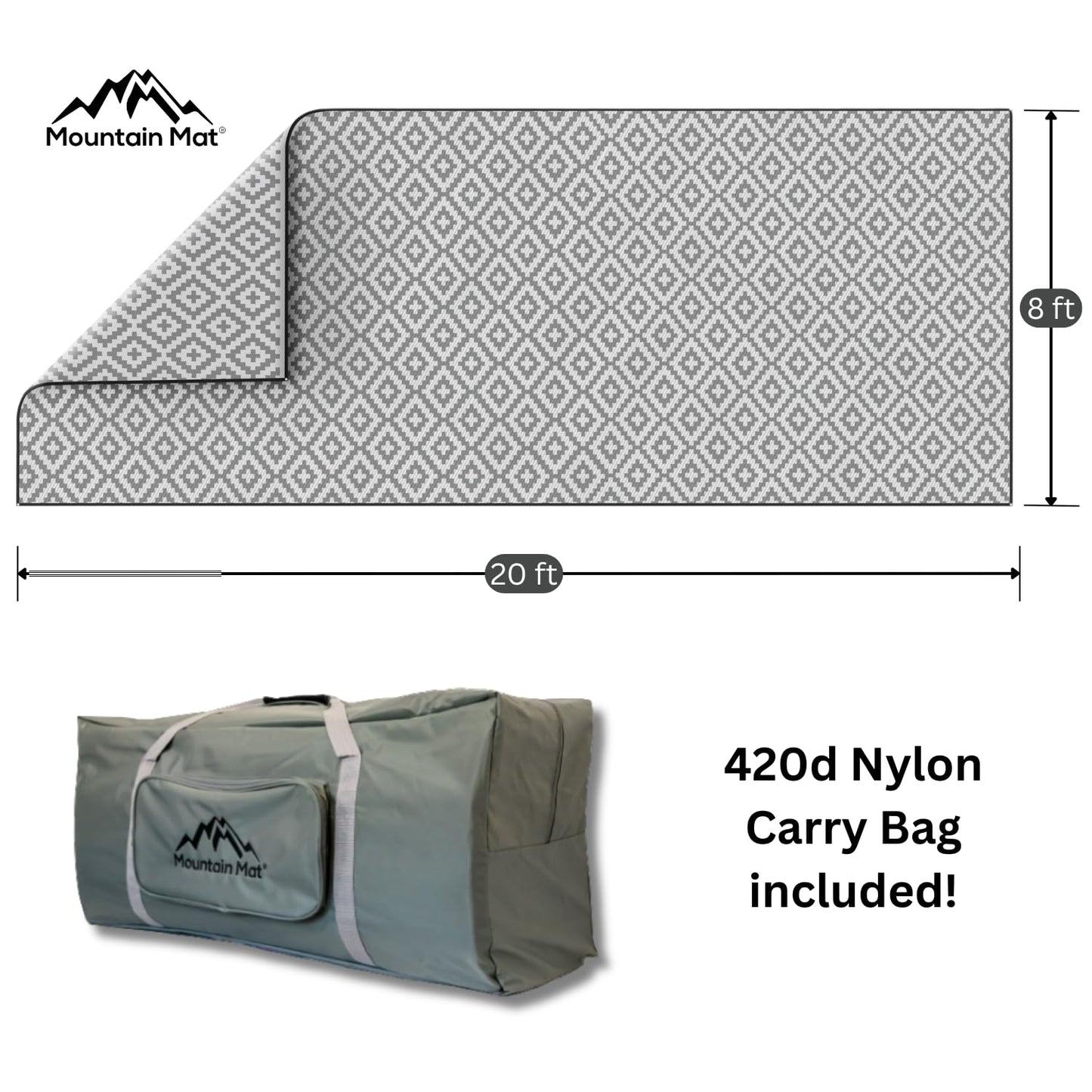Mountain Mat Premium Outdoor RV Patio mat Sizes 8' x 12', 8' x 16', 8' x 20', Made from 100% Recycled Plastic for Tents, Decks, Campers, and Beach – with Durable Carry Bag (8x12, Grey Diamond)