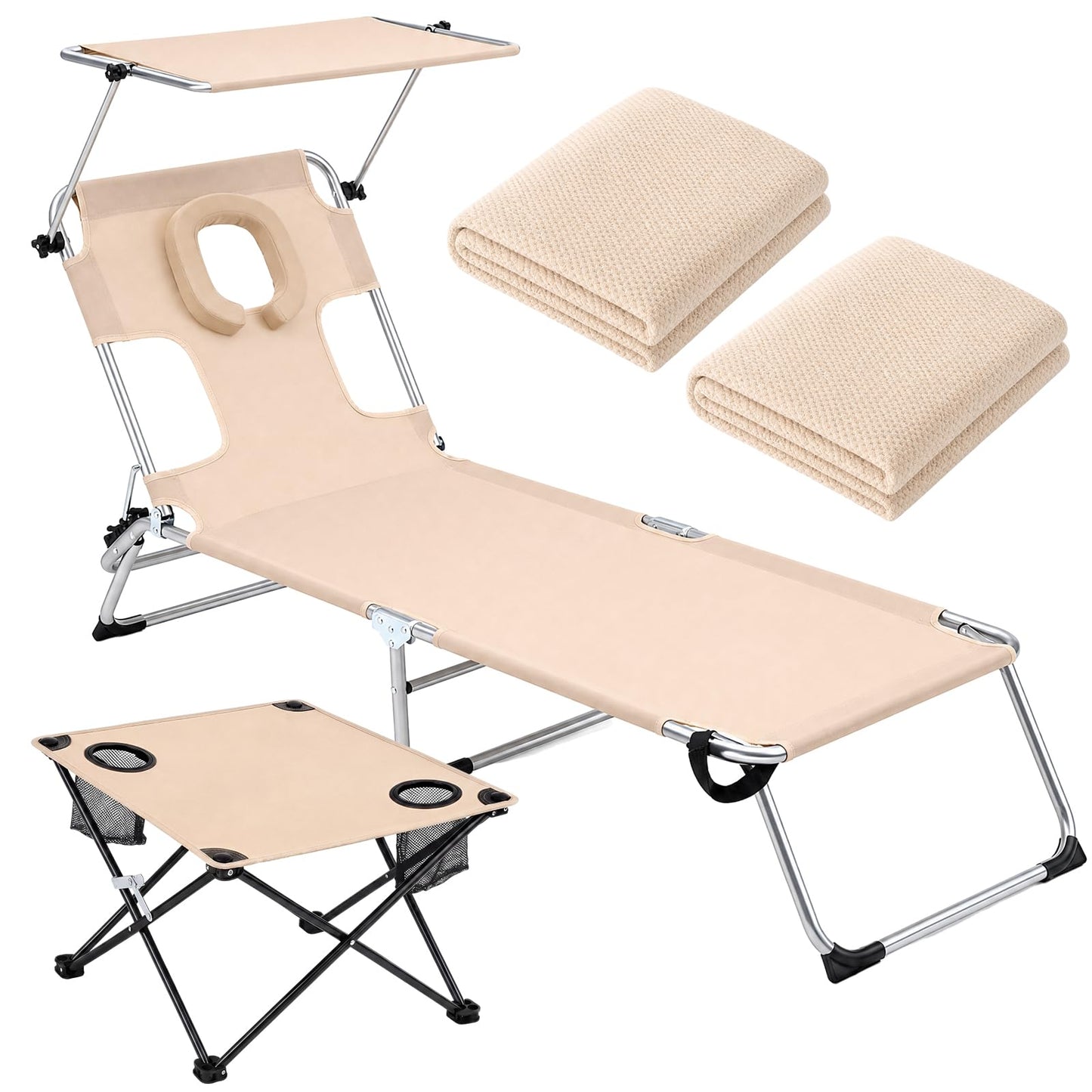 Karenhi 3 Pcs Beach Lounge Chair Set with Table and Face Hole, Adjustable Tanning Recliner with Canopy, 2 Replaceable Towels Portable Folding Design for Outdoor, Poolside, Patio and Sunbathing
