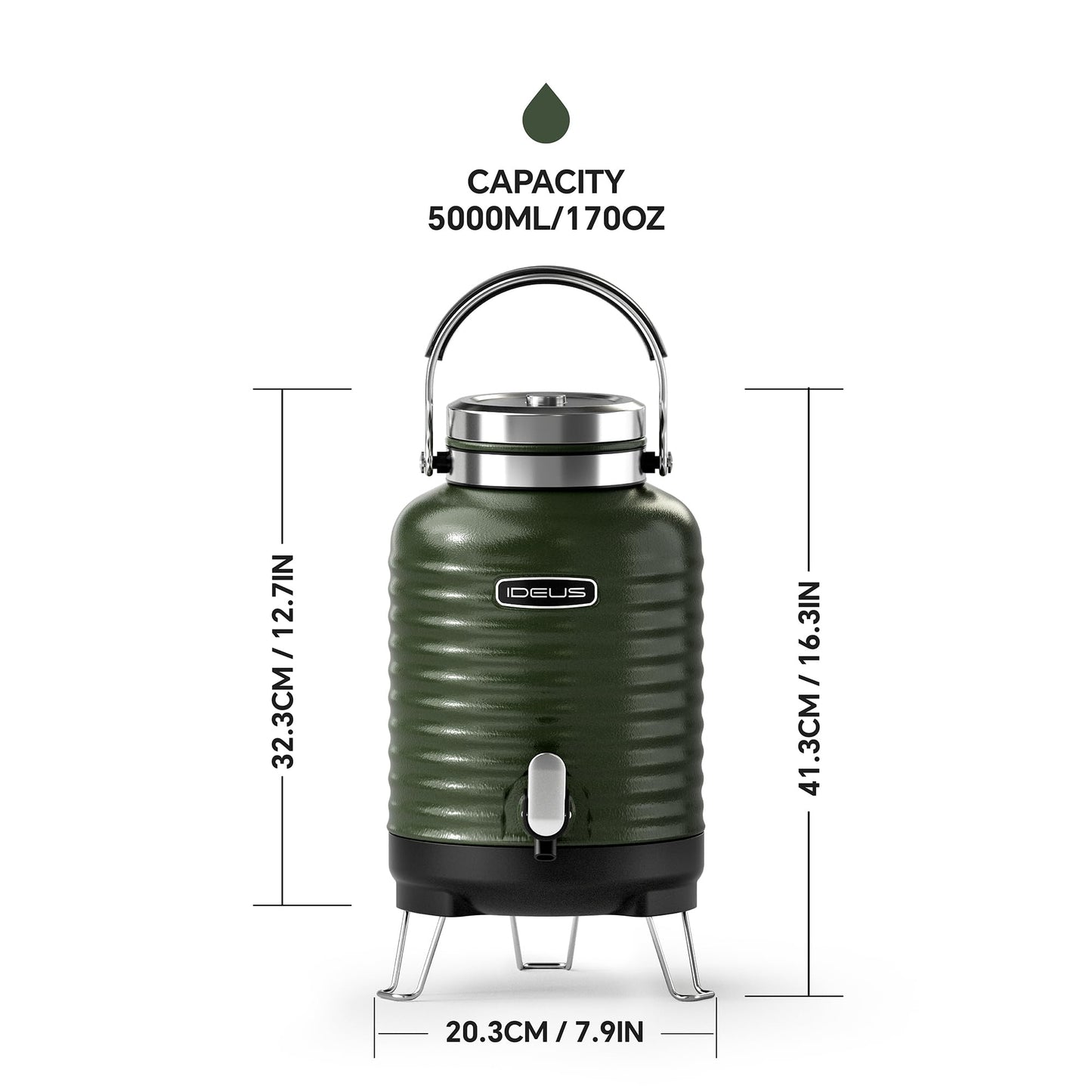 IDEUS Insulated Beverage Dispenser, All-in-one for Camping Vacuum Double-Wall Stainless Steel Water Cooler Coffee Carafe Jug Leakproof Drink Container with Handle, Spigot & Stand (Green, 1,4gal)
