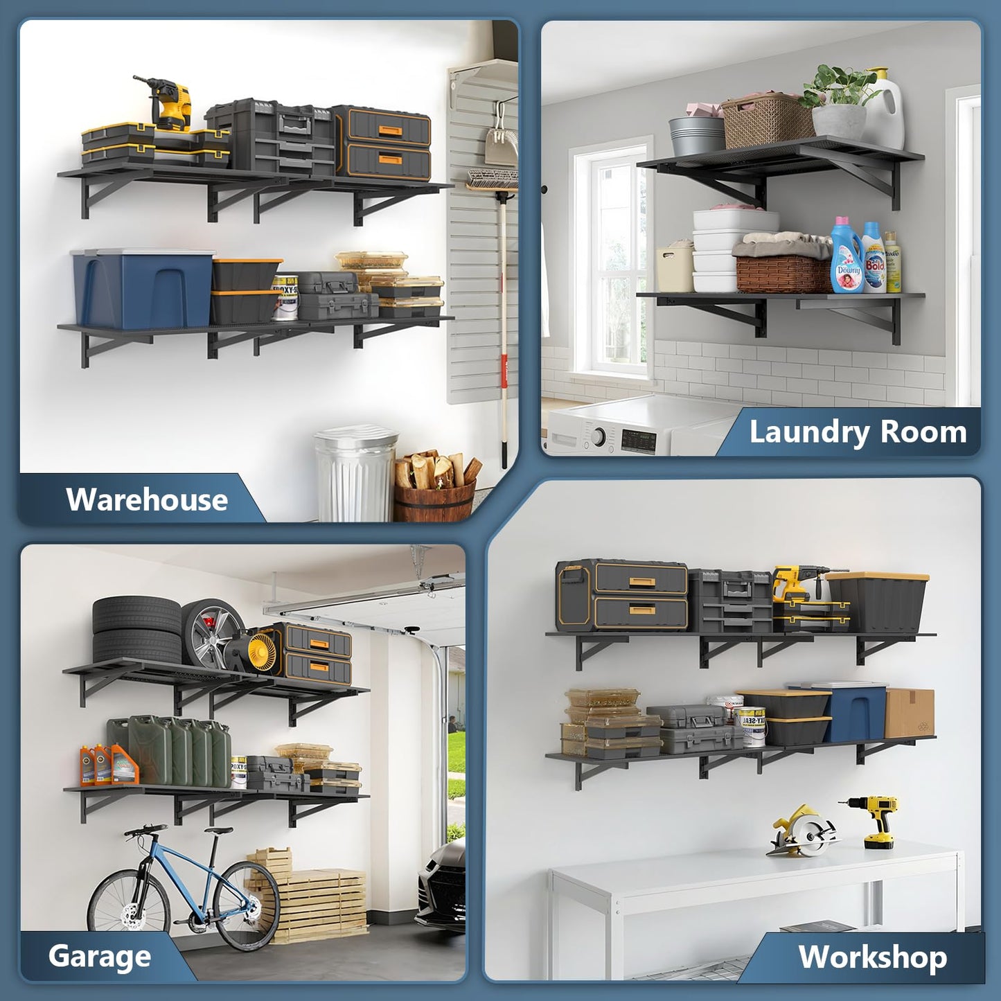 Jusgym 4 Pack Heavy Duty Garage Wall Shelving (2x3ft), 1400lbs Capacity Garage Shelving Wall Mounted, 24"x72"Garage Storage Rack Floating Shelves, Black