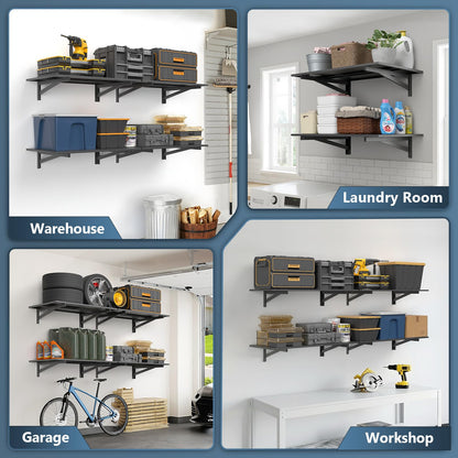 Jusgym 4 Pack Heavy Duty Garage Wall Shelving (2x3ft), 1400lbs Capacity Garage Shelving Wall Mounted, 24"x72"Garage Storage Rack Floating Shelves, Black