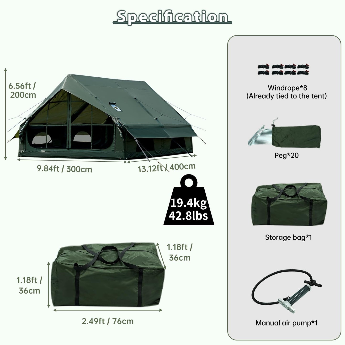 WaldZimmer Inflatable Camping Tent 12sq Green with Hand Pump Easy Setup Waterproof Windproof Outdoor Blow up Tent 6-8 Person Oxford 4 Season Glamping Air Tents Cabin House with Mesh Windows & Door