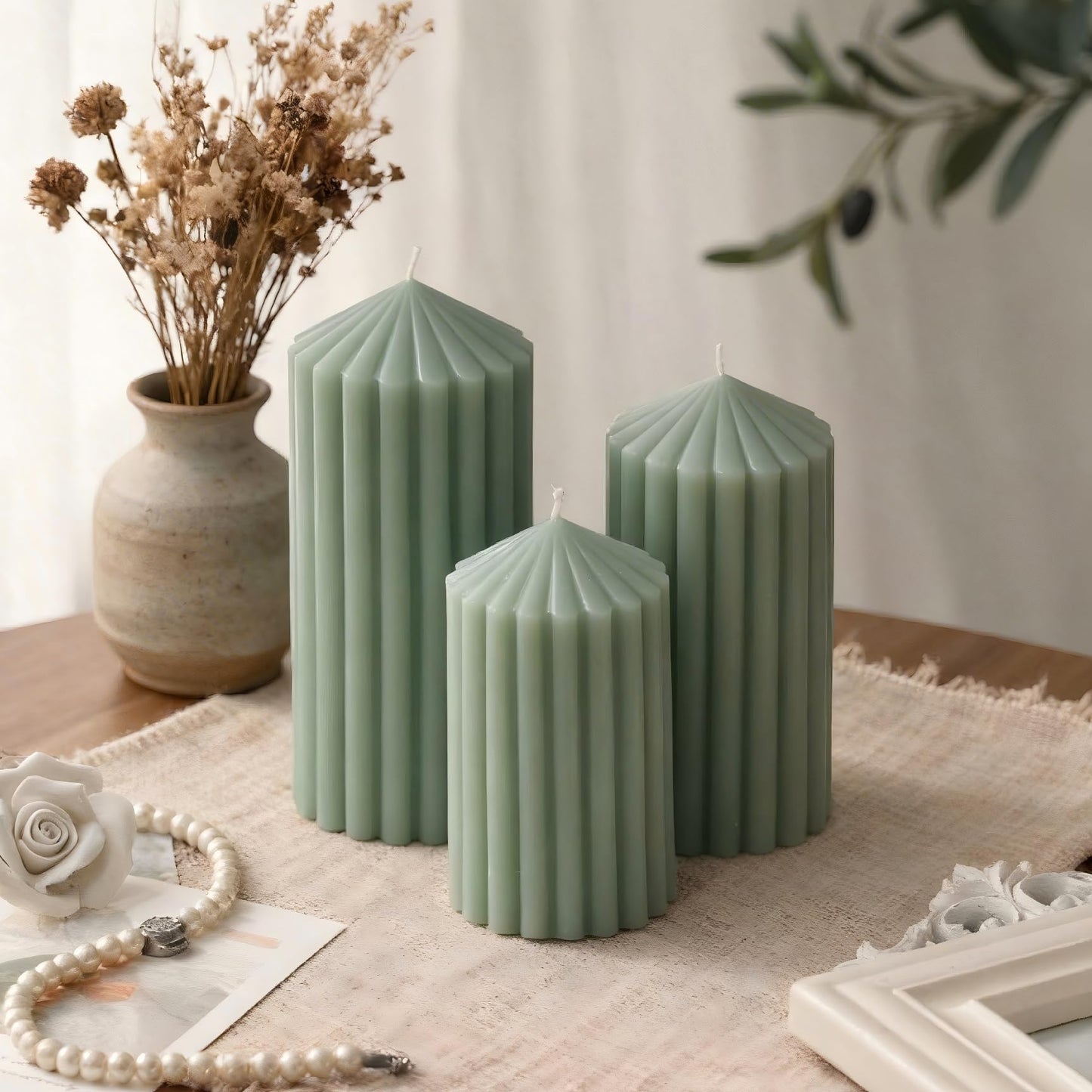 3 Pack Sage Green Ribbed Pillar Candles - Soy Wax Unscented, 2.76"x4.2/4.9/5.9 in Smokeless Non Toxic Cotton Wick, Aesthetic Modern Candles for Home Decor, Dinner Table, Living Room, Housewarming Gift