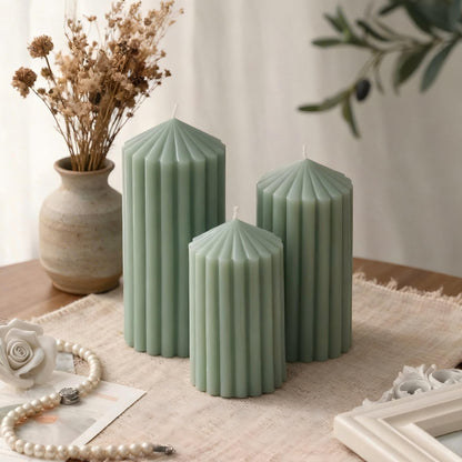 3 Pack Sage Green Ribbed Pillar Candles - Soy Wax Unscented, 2.76"x4.2/4.9/5.9 in Smokeless Non Toxic Cotton Wick, Aesthetic Modern Candles for Home Decor, Dinner Table, Living Room, Housewarming Gift