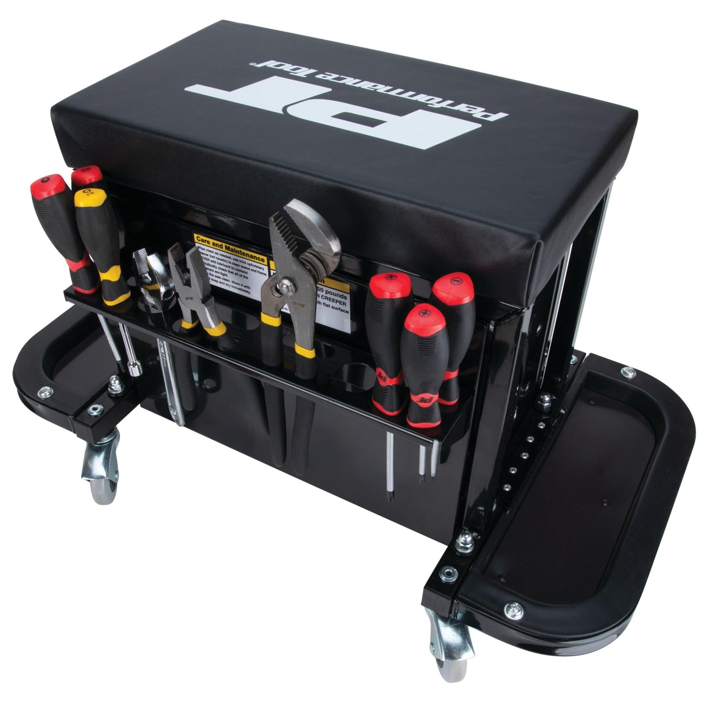 Performance Tool W85025 3-Drawer Rolling Tool Chest Seat With Magnetic Side Trays, Black