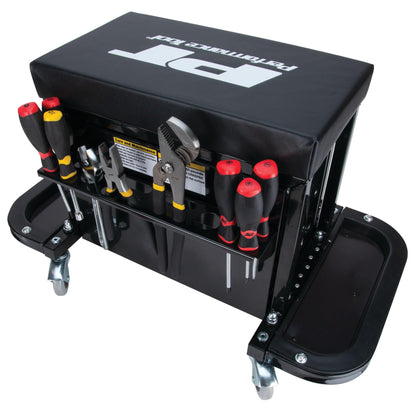 Performance Tool W85025 3-Drawer Rolling Tool Chest Seat With Magnetic Side Trays, Black