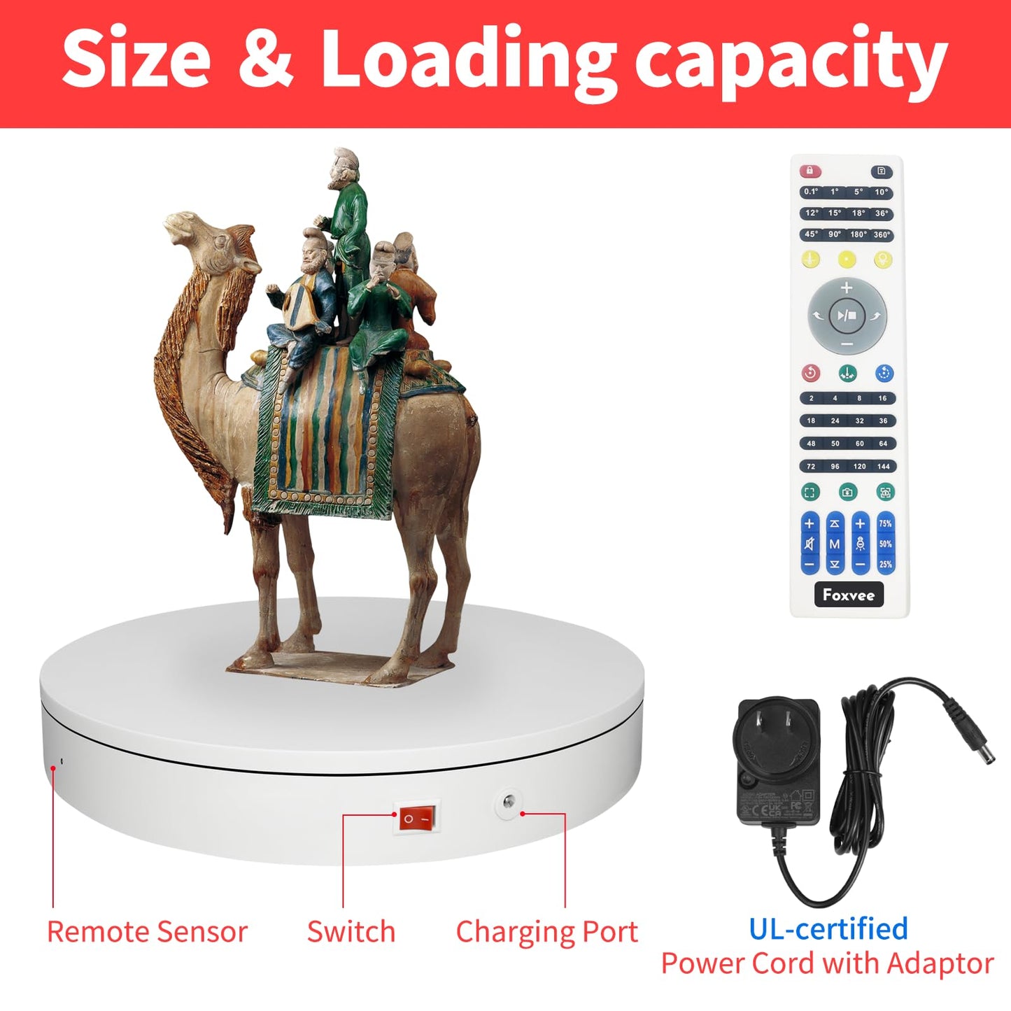 Foxvee Remote-Controlled Motorized Electric Turntable,Rotating Display Stand,Speed-Adjustable Rotating Platform,Multi-Mode 360° Photography Turntable for 3D Scan,Photography,Showcase(15.8inch/White)