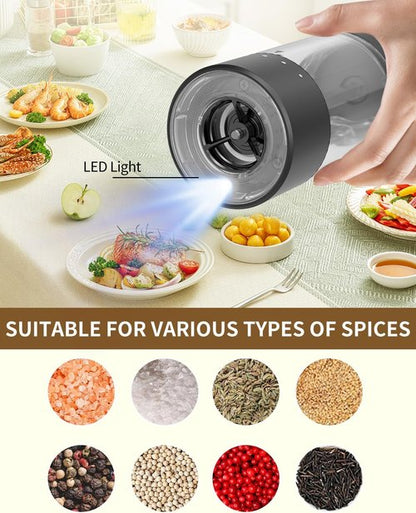 CIRCLE JOY Electric Salt and Pepper Grinder Set - Rechargeable Mills with 6-Level Coarseness & LED Light | Black & White