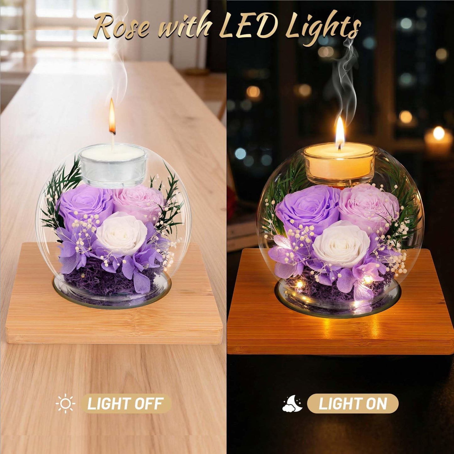 ENERLEAF Preserved Light Purple Real Rose in Glass with Scented Candles – Forever Flower Romantic Anniversary Christmas Birthday Valentines for Mom, Women, Wife, Girlfriend, Her, Grandma