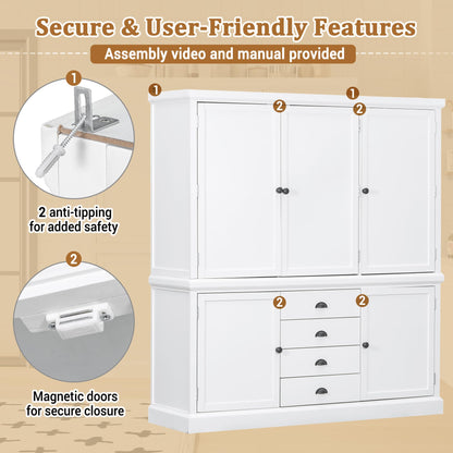 Merax 73'' Freestanding Wooden Kitchen Pantry Organizers and Storage Cabinet with 4 Drawers Cupboard with Door Adjustable Shelves for Dining Room, White