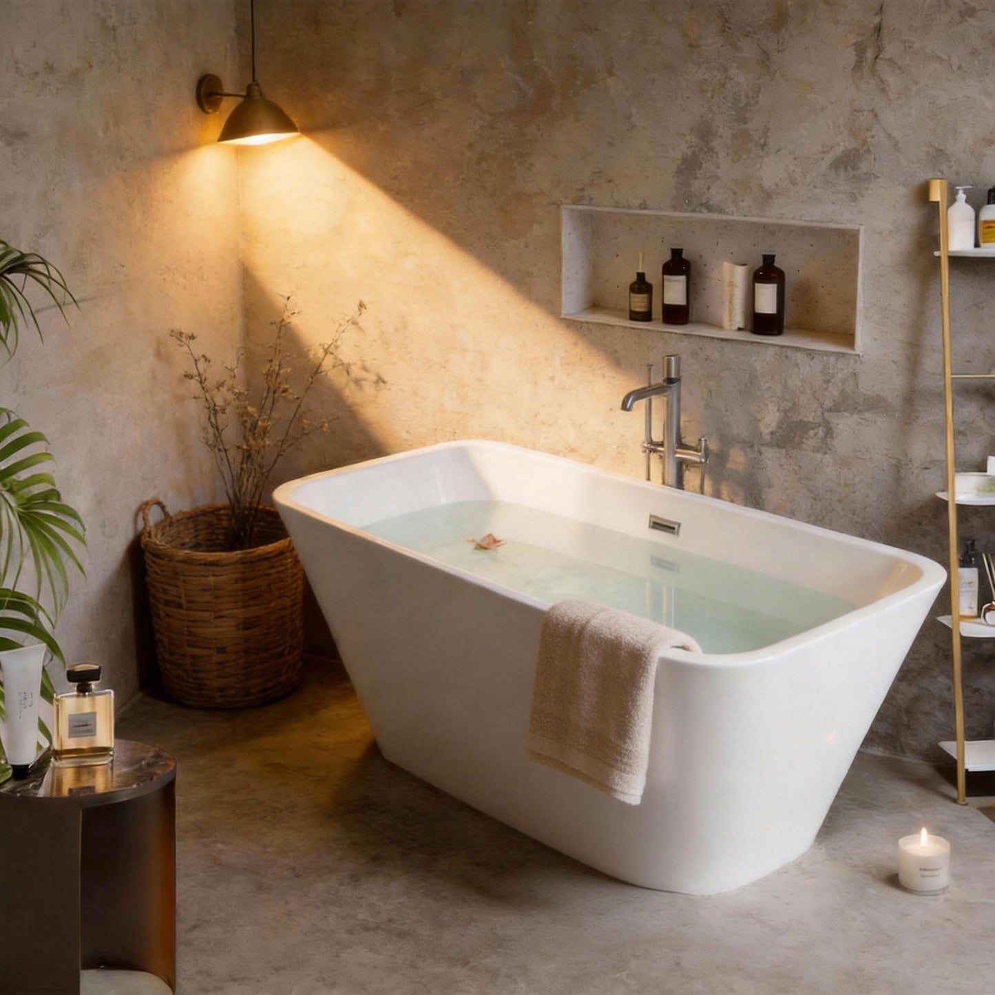 59" Freestanding Bathtub, Modern Soaking Bathtub, Freestanding Rectangular Tub with Non-Slip Base and Easy Drain, Deep Design for Adults, Ideal for Bathroom Relaxation, Chrome Drain, White