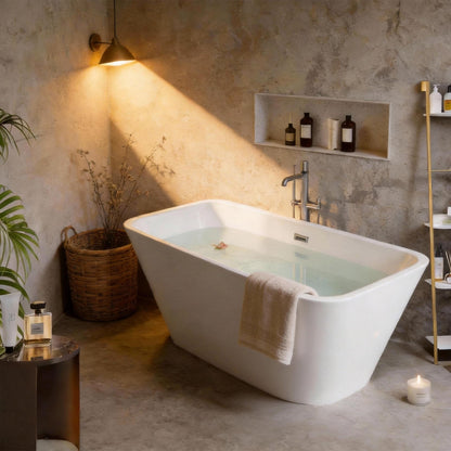 59" Freestanding Bathtub, Modern Soaking Bathtub, Freestanding Rectangular Tub with Non-Slip Base and Easy Drain, Deep Design for Adults, Ideal for Bathroom Relaxation, Chrome Drain, White