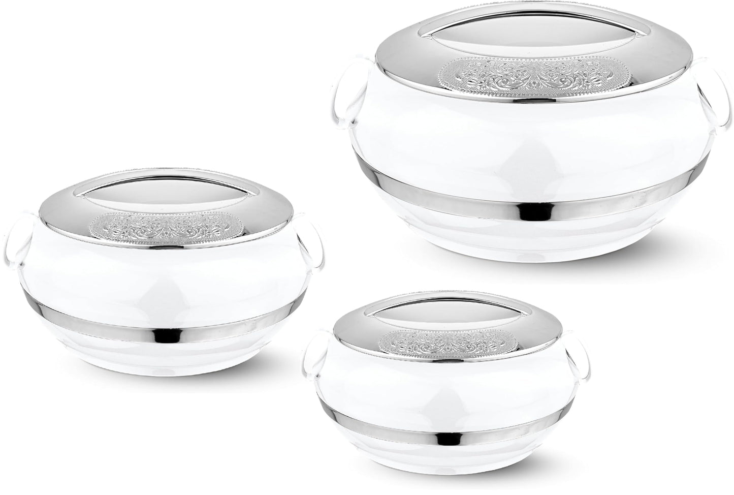 T TABAKH Golden Crest Insulated Casserole Dish with Lid Hot Pot Food Warmer/Cooler - Thermal Soup, Salad Serving Bowl - Stainless Steel Container - Keeps Food Hot & Cold (White, 2300ml, 3500ml, 5000ml)