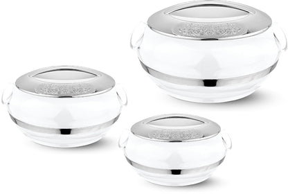 T TABAKH Golden Crest Insulated Casserole Dish with Lid Hot Pot Food Warmer/Cooler - Thermal Soup, Salad Serving Bowl - Stainless Steel Container - Keeps Food Hot & Cold (White, 2300ml, 3500ml, 5000ml)