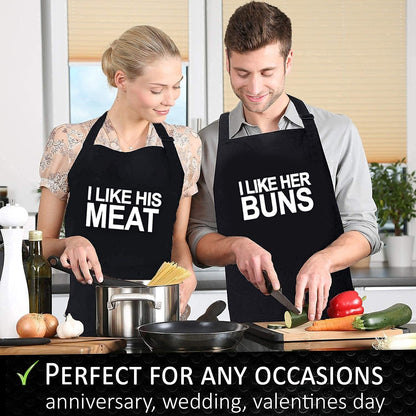 Funny Apron & Gift Bag (Black) - I Like her Buns, I Like His Meat, Kitchen Apron, Cooking Apron For Girlfriend, Boyfriend, Best Friend - Couple Gift, Birthday, Anniversary, Wedding Gift Idea - ForkIt