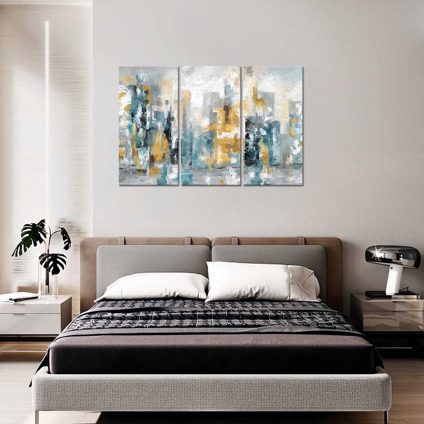 Teal Abstract Wall Art-Abstract Picture 3 Piece Yellow and Blue Canvas Print Wall Painting Decor Modern Artwork Canvas Wall Art for Living Room Home Office Decor