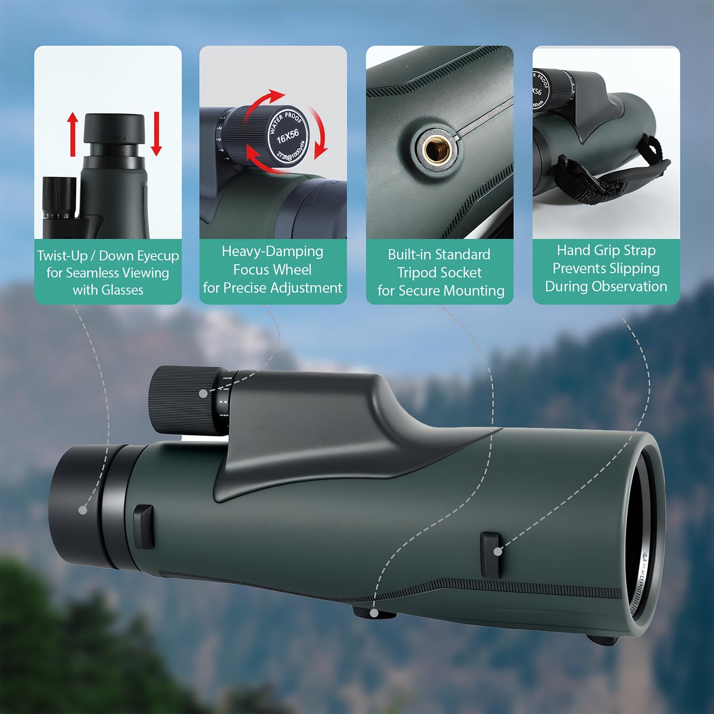 16x56 High Powered Monoculars for Adults – HD BAK4 FMC Long-Range Monocular Telescope, IPX7 Waterproof with Smartphone Adapter & Tripod for Bird Watching, Hunting, Hiking & Camping, Gift Set