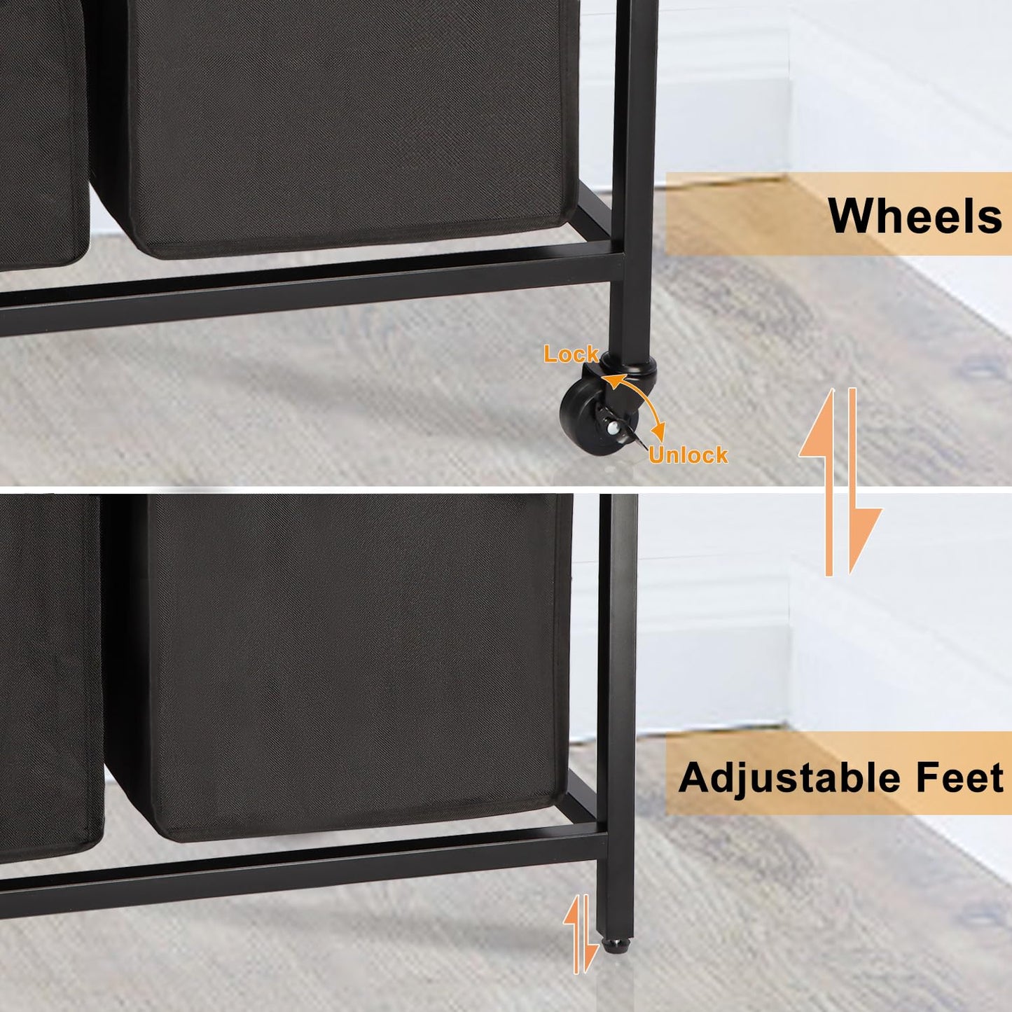 Timberer Laundry Hamper, Laundry Sorter 3 Section, Rolling Laundry Basket with Wheels, 2 Shelves, 3 × 14.5 Gal, Pull-Out and Removable Oxford Fabric Bags, for Laundry Room, Black and Rustic Brown