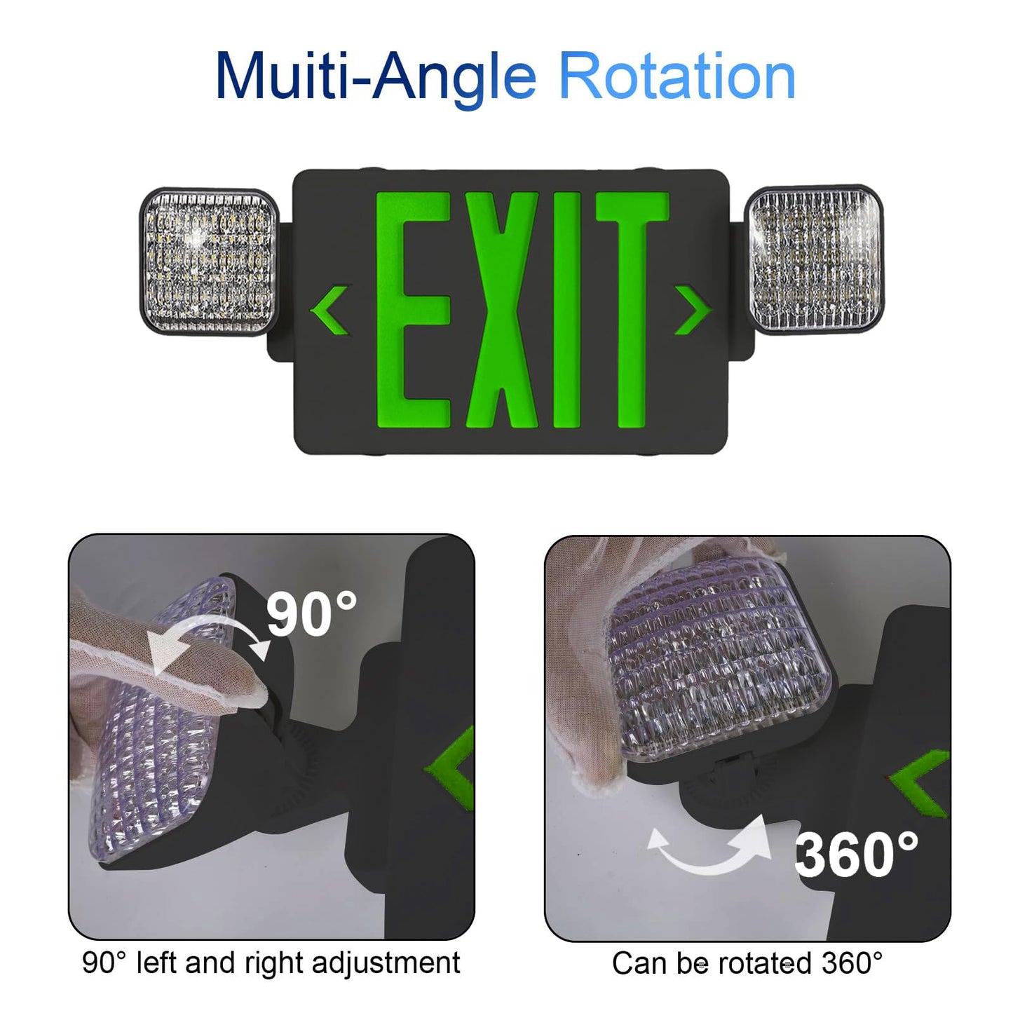 CM MZY Black Housing Exit Sign with Emergency Light, Green Exit Signs with Battery Backup, Exit Light Combo for Business, Two Adjustable Square Head,US Standards,UL Certified, 120V/277V AC, 4 Pack