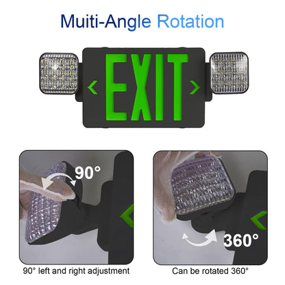 CM MZY Black Housing Exit Sign with Emergency Light, Green Exit Signs with Battery Backup, Exit Light Combo for Business, Two Adjustable Square Head,US Standards,UL Certified, 120V/277V AC, 4 Pack