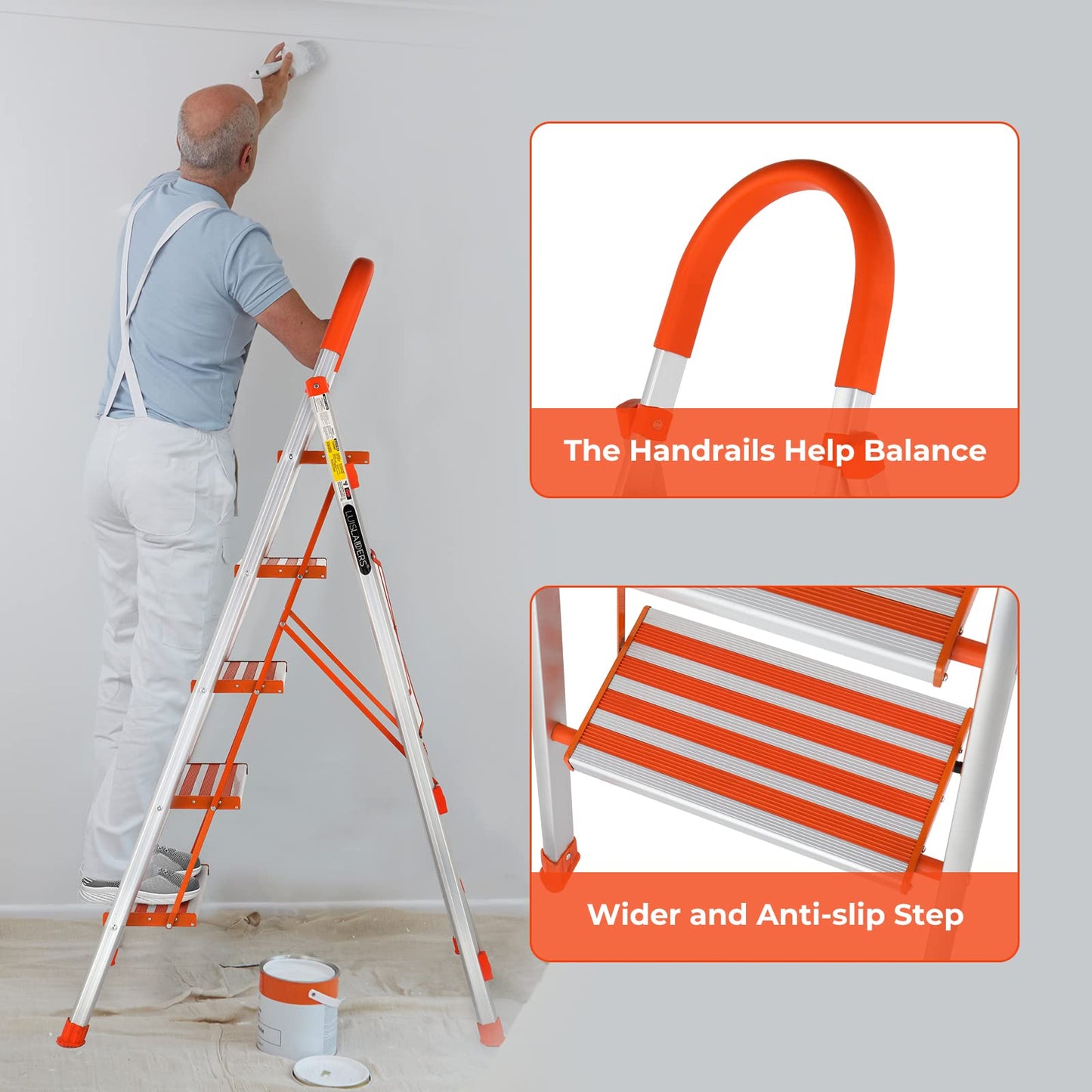 LUISLADDERS Step Ladder 5 Step Lightweight Folding Step Ladder Aluminum Step Stool with Widened Anti-Slip Strip Pedal Convenient Handgrip 350lbs EN131, Multi-use for Household and Office
