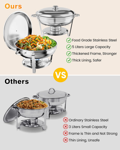 5QT Chafing Dish Buffet Set of 6 Pack, Food Warmers and Servers Round Stainless Steel Chafer with Food & Water Pan, Lid, Frame, Fuel Holder for Catering,Parties and Festivals