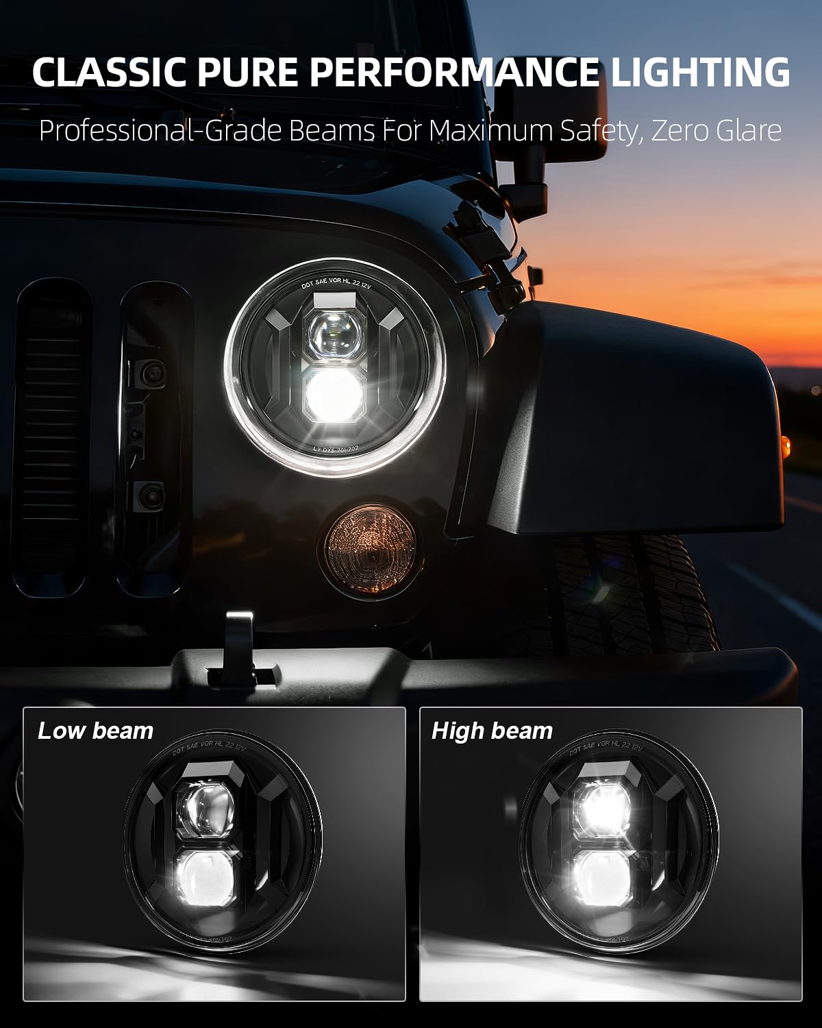 BESURE 2PCS New Anti-glare 7 Inch Round Led Headlights DOT Approved Compatible with Jeep Wrangler JK TJ LJ, C-hevy, M-iata & More, Hi/Low Beam Headlight Assembly, H6024 LED Headlight IP67 Waterproof