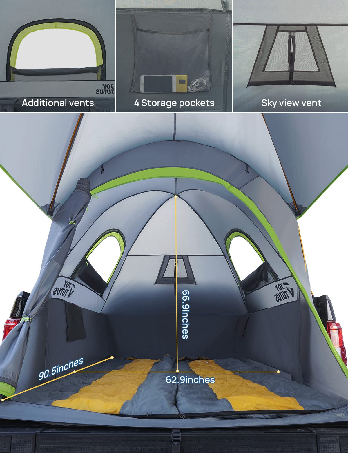 JOYTUTUS Pickup Truck Tent 5.5ft Bed Tent with Removable Awning, Waterproof PU2000mm Double Layer for 2 Person, Portable Truck Bed Tent - Green, Aluminum Pole