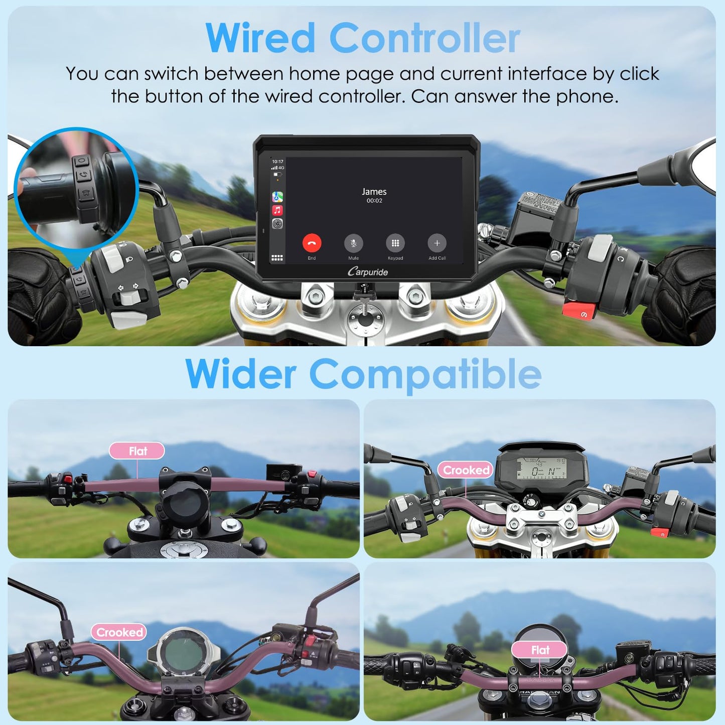 Carpuride W702S PRO Motorcycle GPS Wireless Carplay/Android Auto, 7" Waterproof Motorbike Touch Screen, with BM05 Mount, Bluetooth Trans, Wired Controller, Navigation