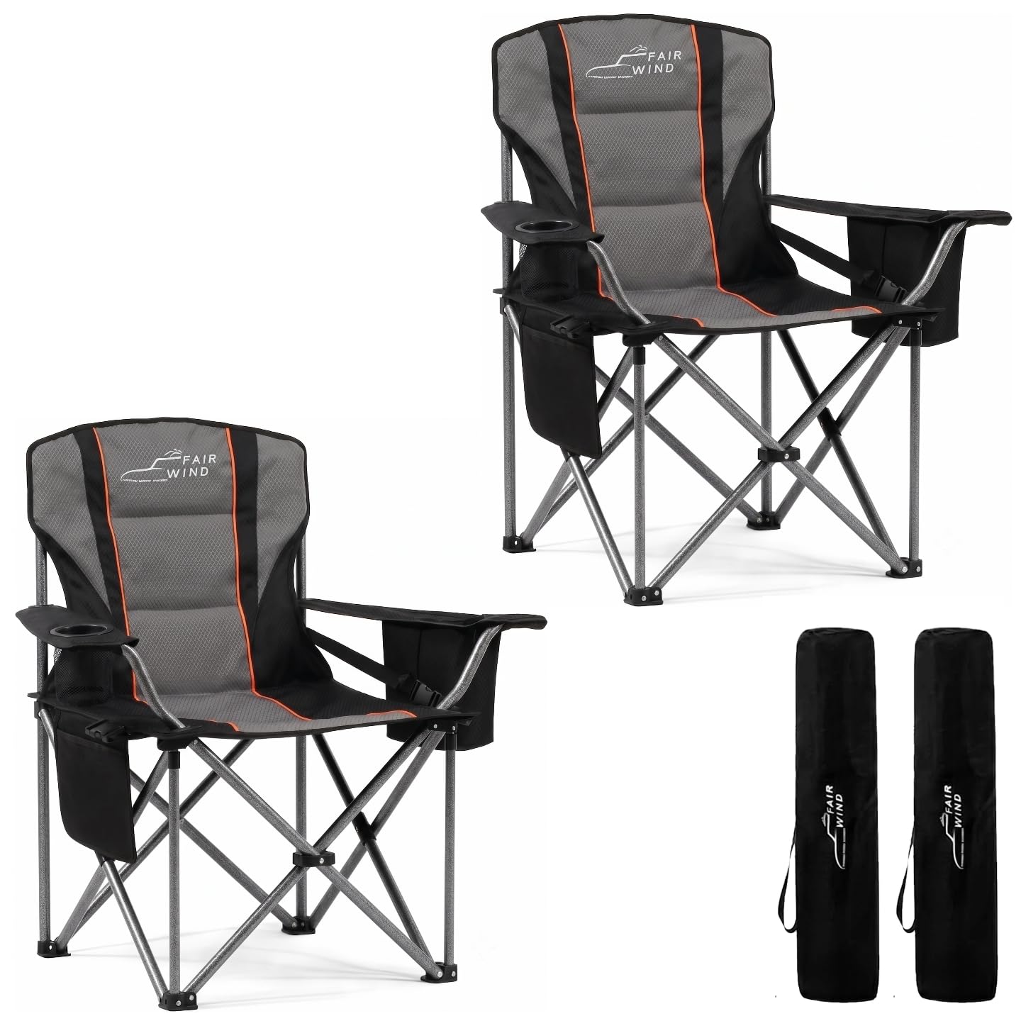 FAIR WIND 2 Pack Fully Padded Oversized Camping Chair Heavy Duty Lawn Chair Set with Adjustable Lumbar Support, Cooler Bag & Cup Holder for Camp, Outdoor,Sports - Support 500LBS