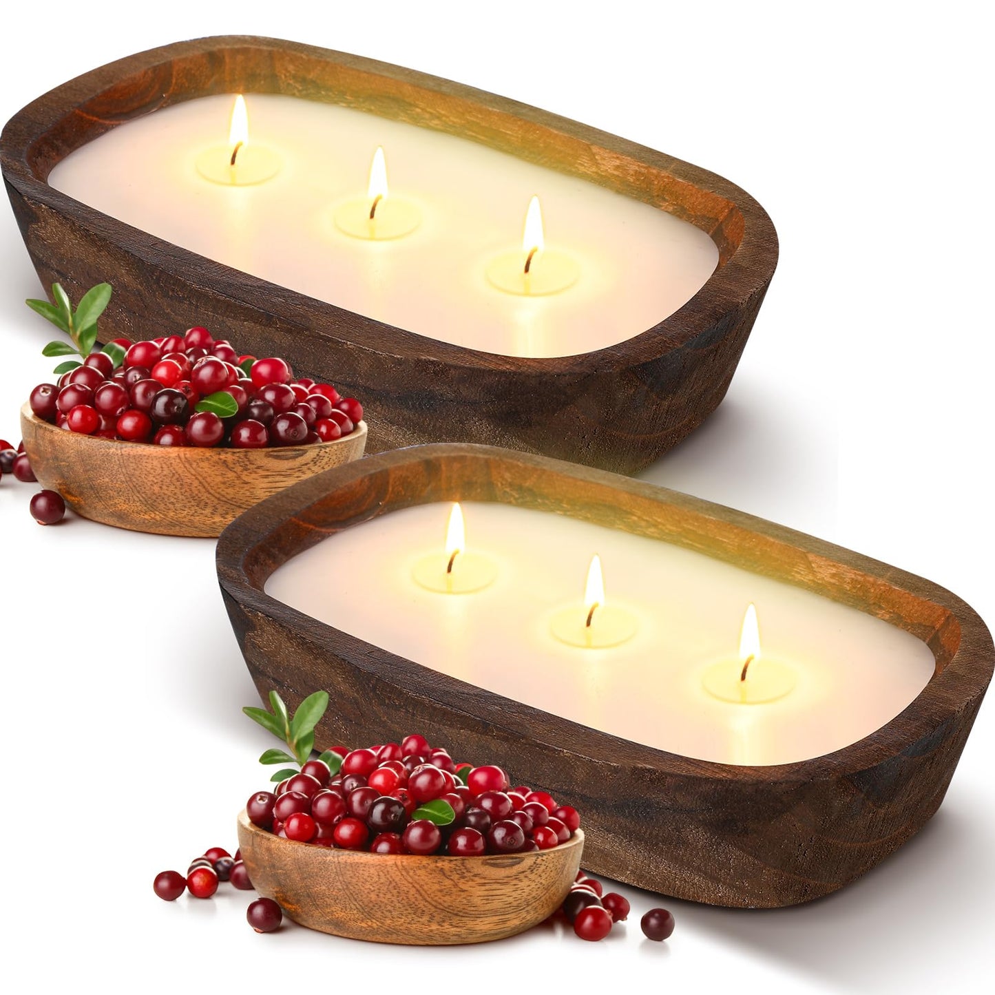 Threlaco 2 Pack Wood Dough Bowl Candle Jar Candle Decorative with Wick Scented Candles Soy Gifts for Men Women Farmhouse Table Centerpiece Home(Cranberry)
