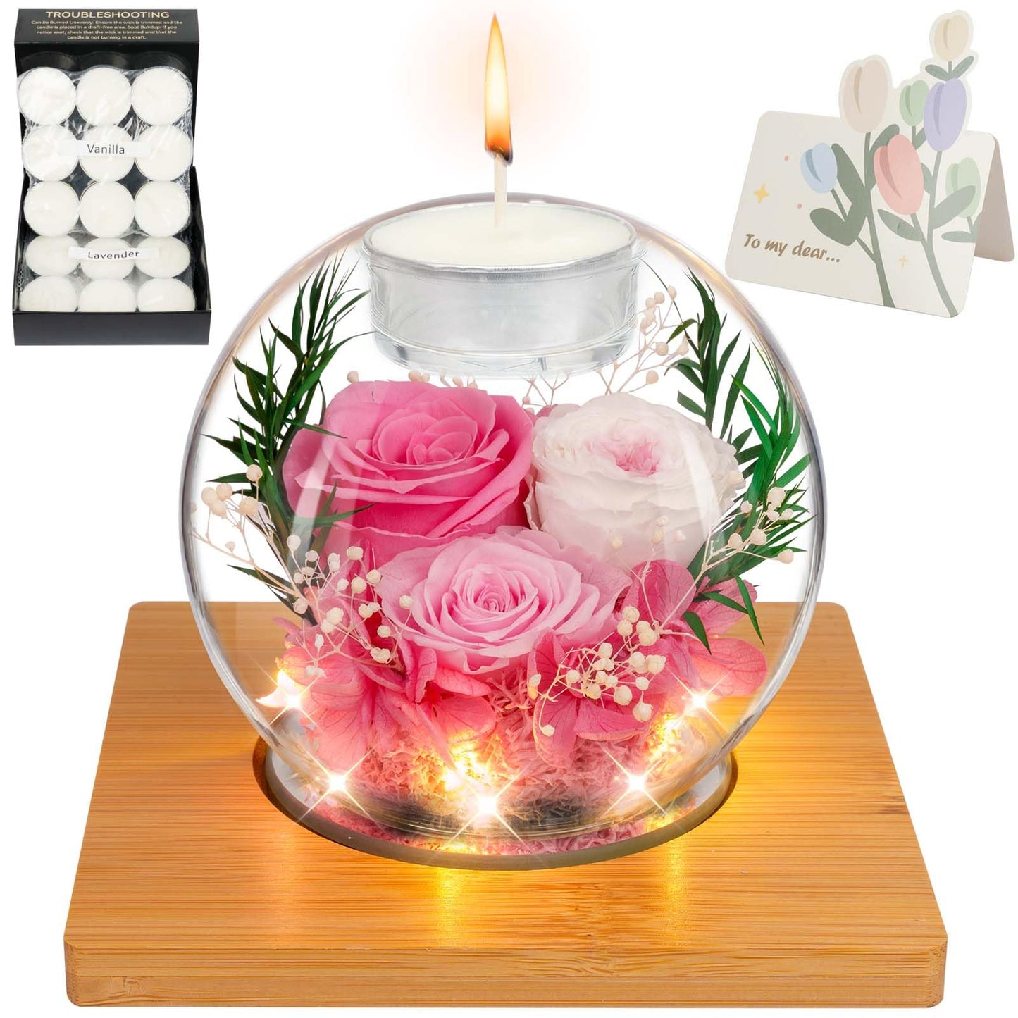 ENERLEAF Preserved Pink Real Rose in Glass with Scented Candles – Forever Flower Romantic Anniversary Christmas Birthday Valentines for Mom, Women, Wife, Girlfriend, Her, Grandma