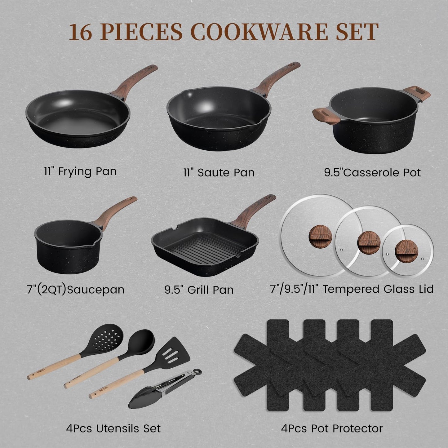 Kikcoin 16Pcs Ceramic Pots and Pans Set Non Stick, Includes a 9.5" Grill Pan, Induction Kitchen Cookware Sets, Black Nonstick RV Kitchen Camping Cooking Sets Stackable (PTFE, PFOS, PFOA Free)