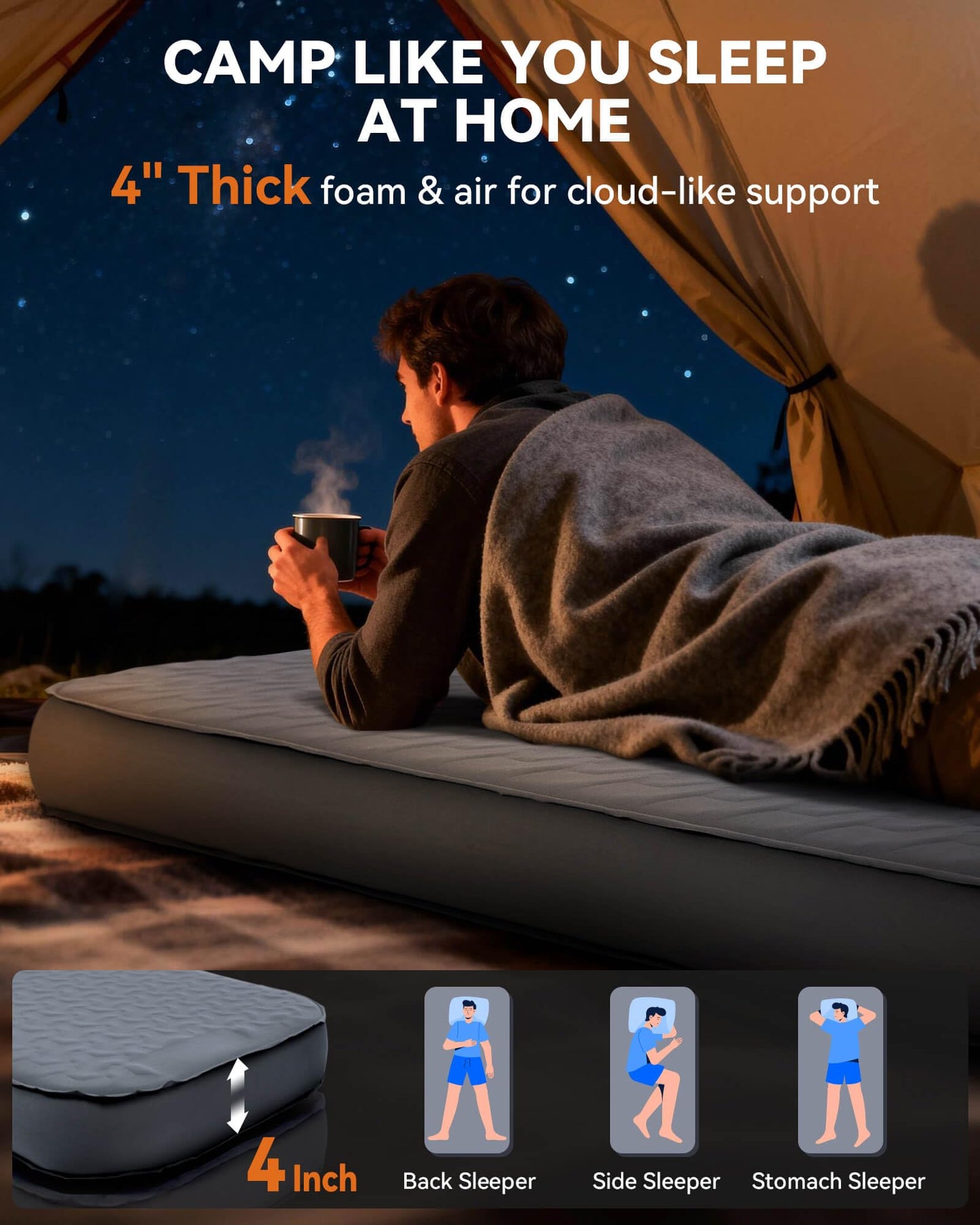 Hikenture Ultralight Inflatable Pillow with Removable Cove and 4" Thick Self Inflating Sleeping Pad with Electric Pump Set