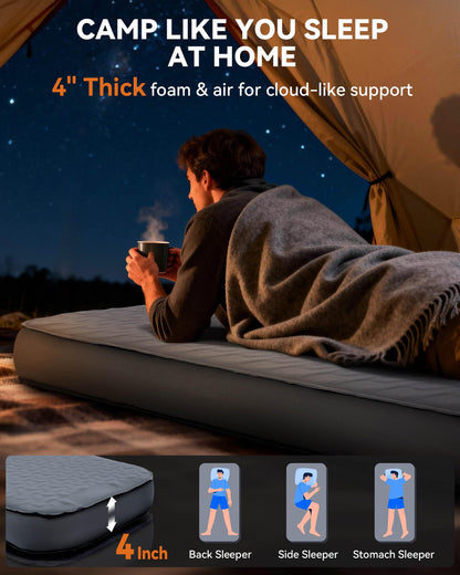 Hikenture Ultralight Inflatable Pillow with Removable Cove and 4" Thick Self Inflating Sleeping Pad with Electric Pump Set