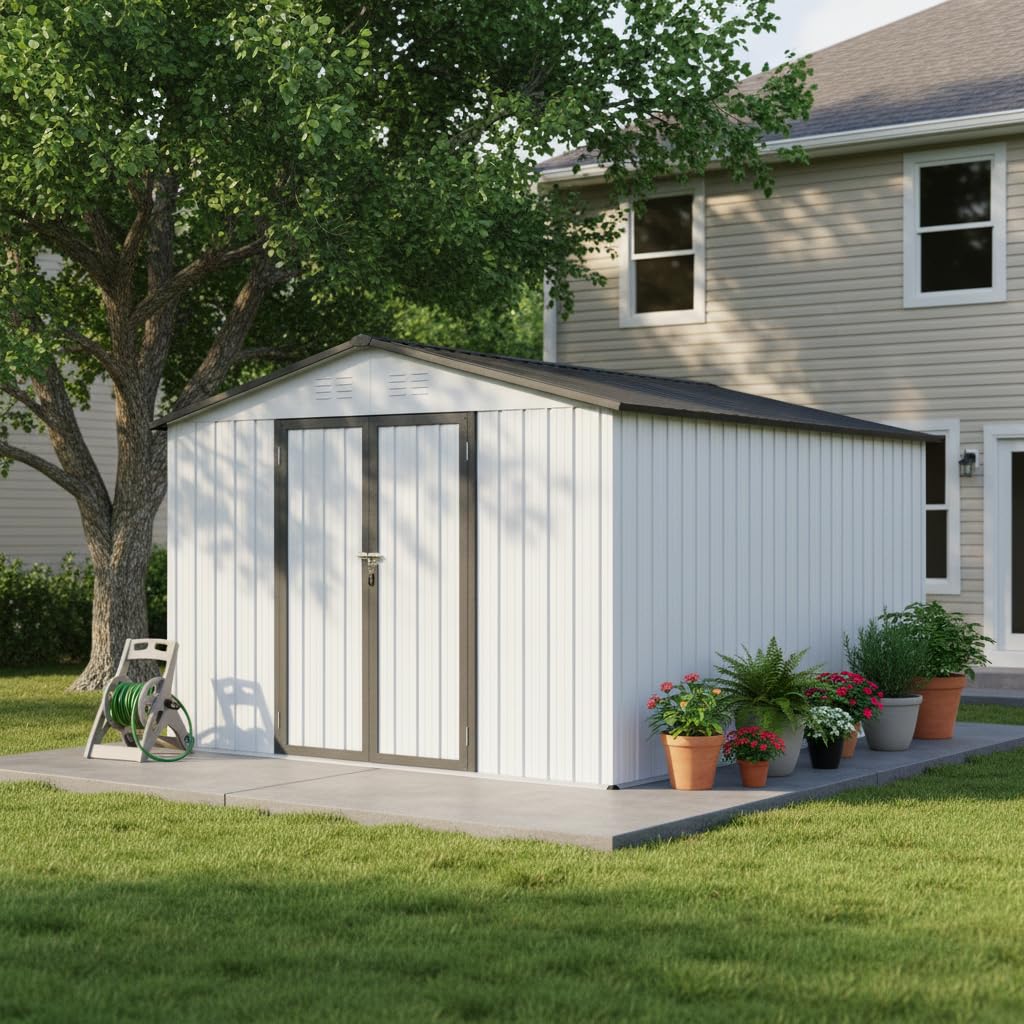 Ball & Cast 10x12 FT Sheds & Outdoor Storage,Metal Aluminum Garden Shed,with Punched Vents,Waterproof Cabinet w/Hinged Door and Padlock,Tool House for Storing Bicycles,Lawnmowers,Barbeques,White+Grey