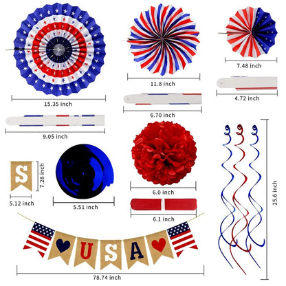 26Pcs Patriotic Decorations 4th of July Decorations LOVE USA Banner Red White Blue Paper Fans Star Streamer Pom Poms Hanging Swirls for Veterans Labor Presidents Flag Memorial Day