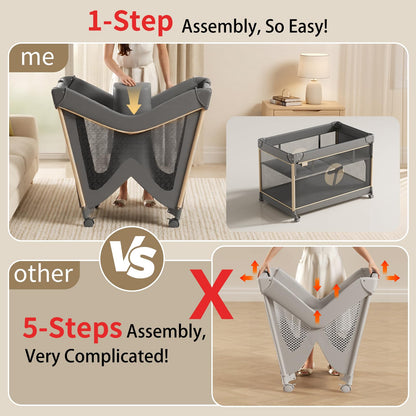 Trimigo 4-in-1 Pack and Play with Bassinet, Bedside Sleeper, Playard, and Changing Table, Folding Travel Crib with Musical Toy Rack & Bag, 4-Level Height Adjust, Newborn to Toddler（Ivy Gray）